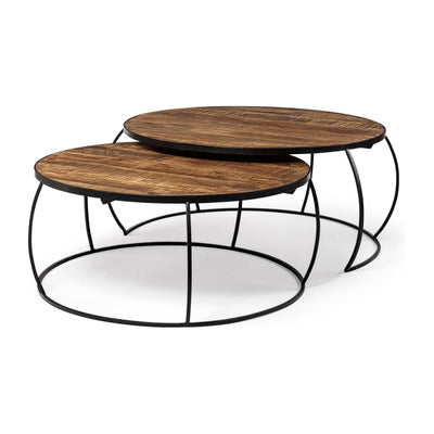 Mercana Clapp Round Brown Wood Top Black Iron Base Nesting Coffee Tables- Set of 2 Clearance