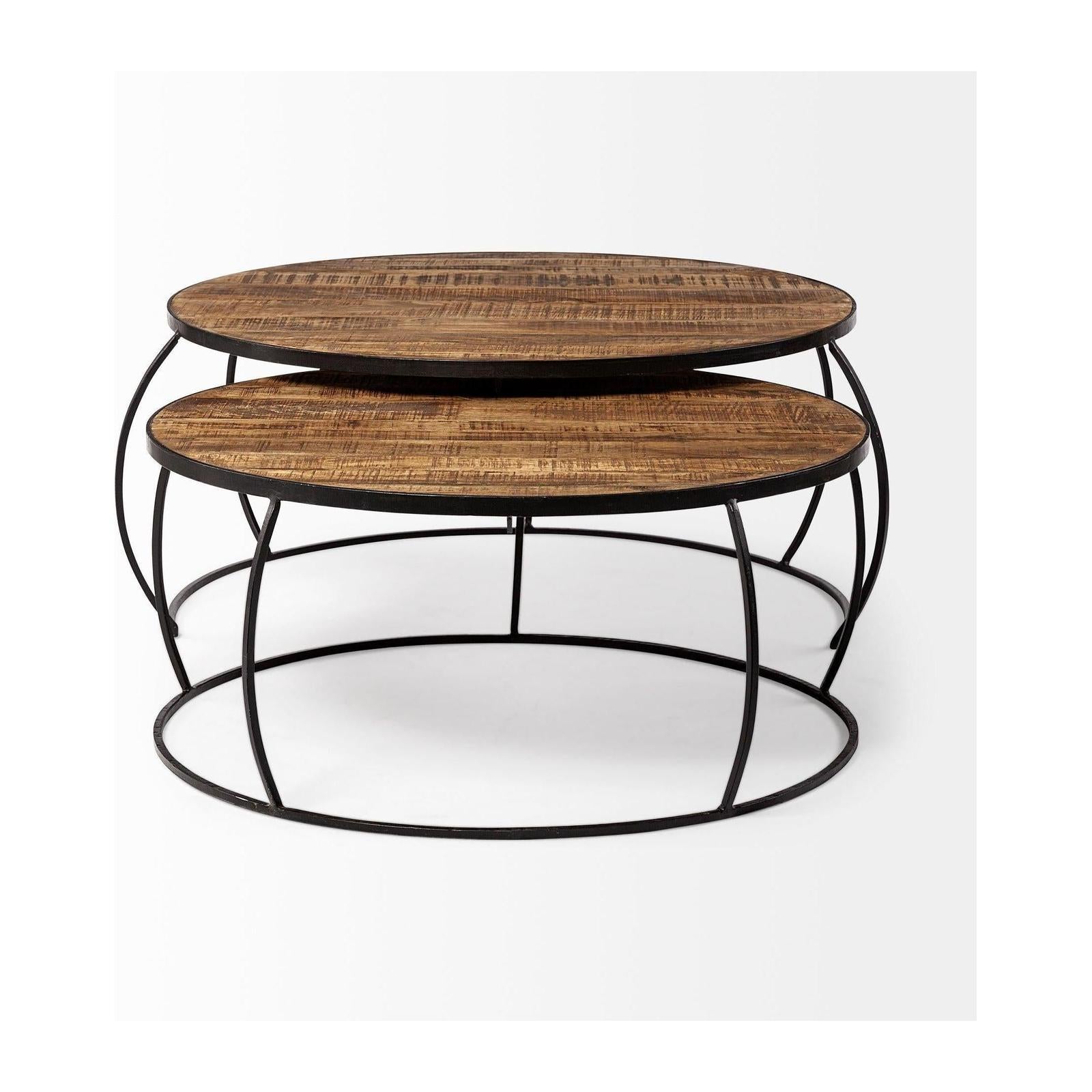 Mercana Clapp Round Brown Wood Top Black Iron Base Nesting Coffee Tables- Set of 2 Clearance