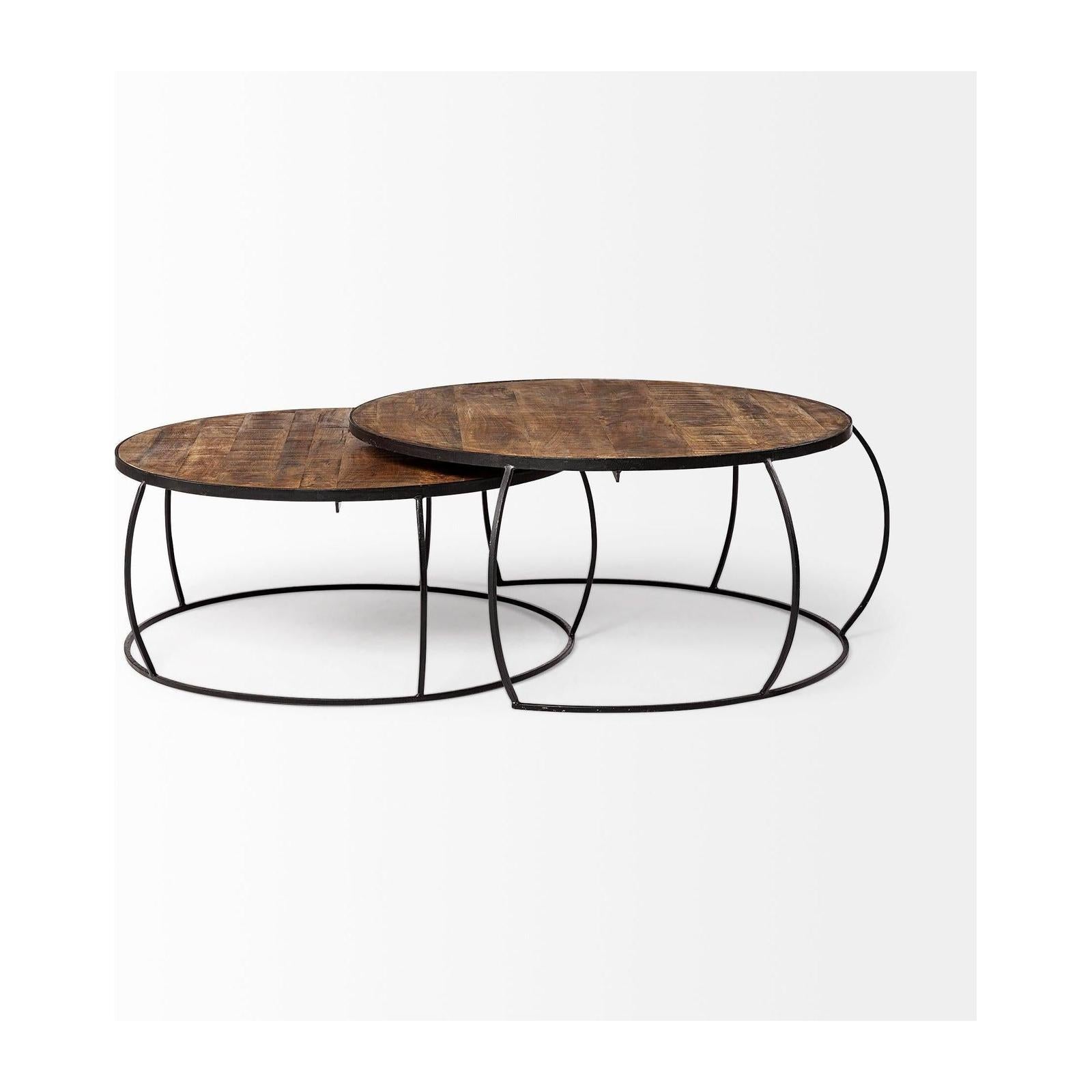 Mercana Clapp Round Brown Wood Top Black Iron Base Nesting Coffee Tables- Set of 2 Clearance