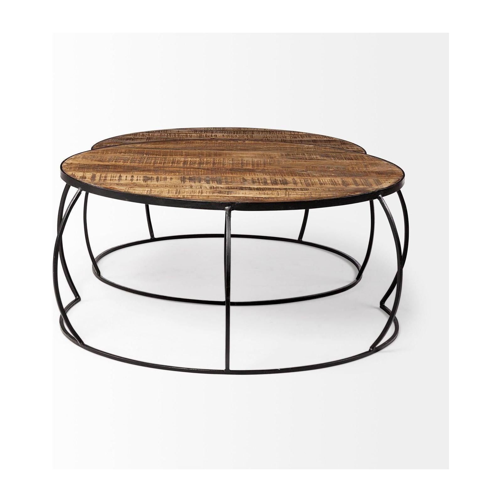 Mercana Clapp Round Brown Wood Top Black Iron Base Nesting Coffee Tables- Set of 2 Clearance