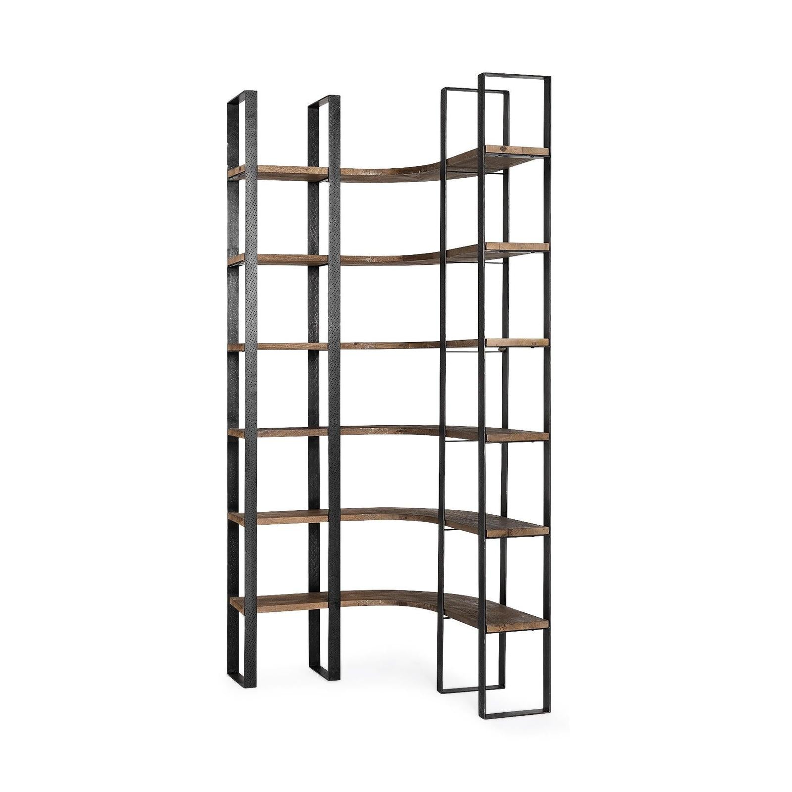 Mercana Turner Curved Wood and Black Iron Six Shelving Unit