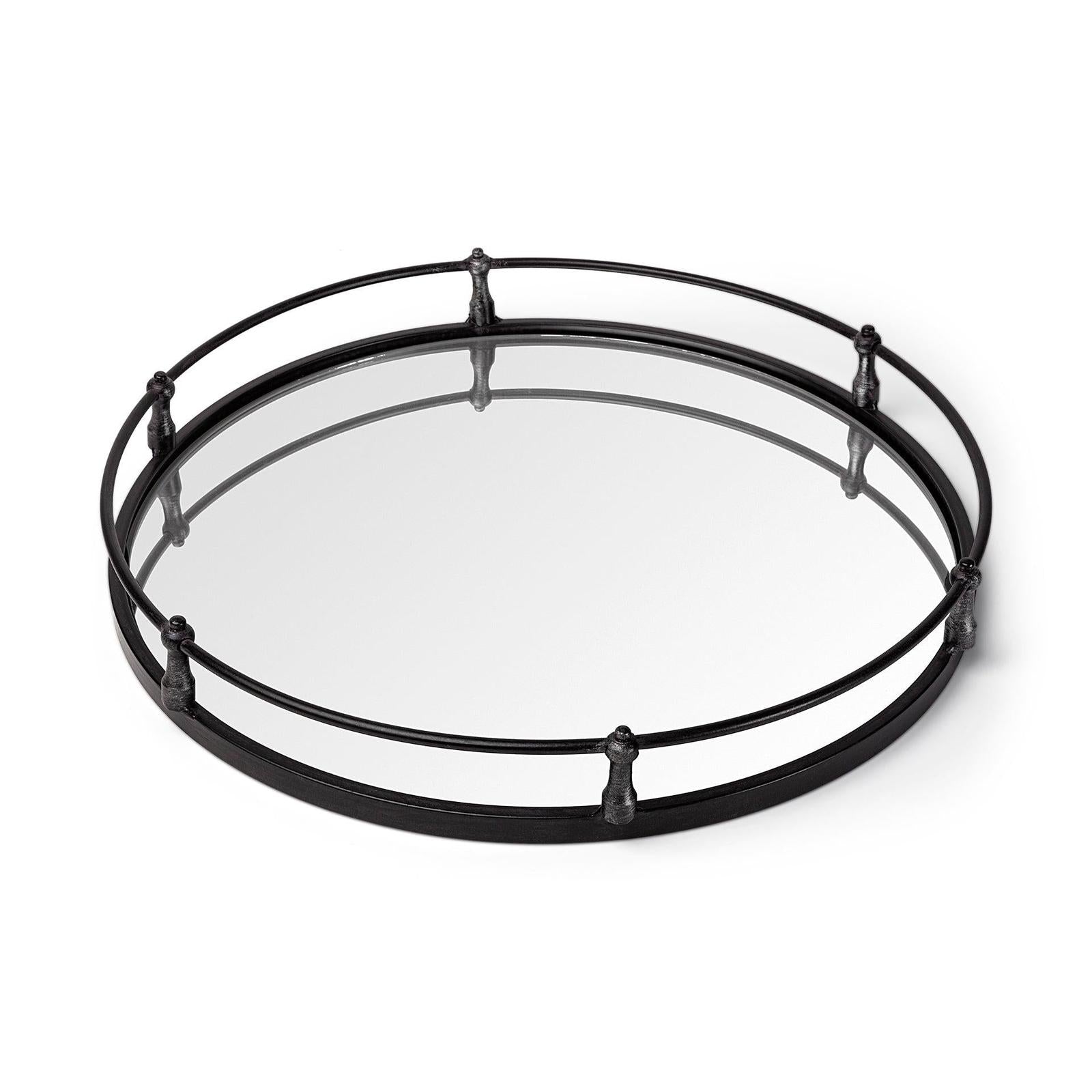 Mercana Kimbel Black Metal Mirrored Base Round Tray