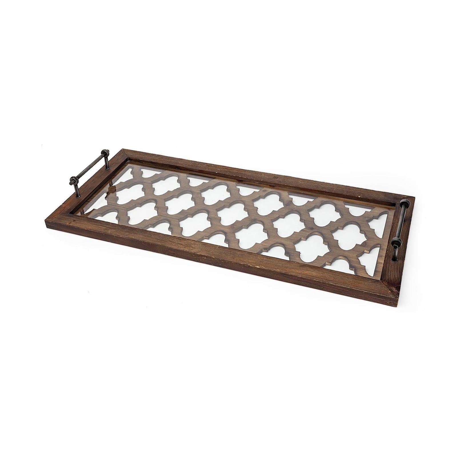 Mercana Stotonic Brown Wood W Glass Top Rectangular Serving Tray Clearance