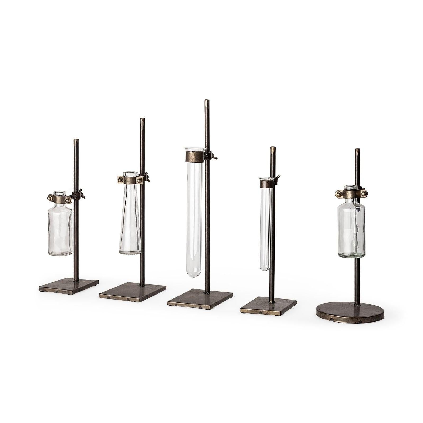 Mercana Jarvis Dark Brown Metal and Glass Chemistry Inspired Bottles-Setof 5