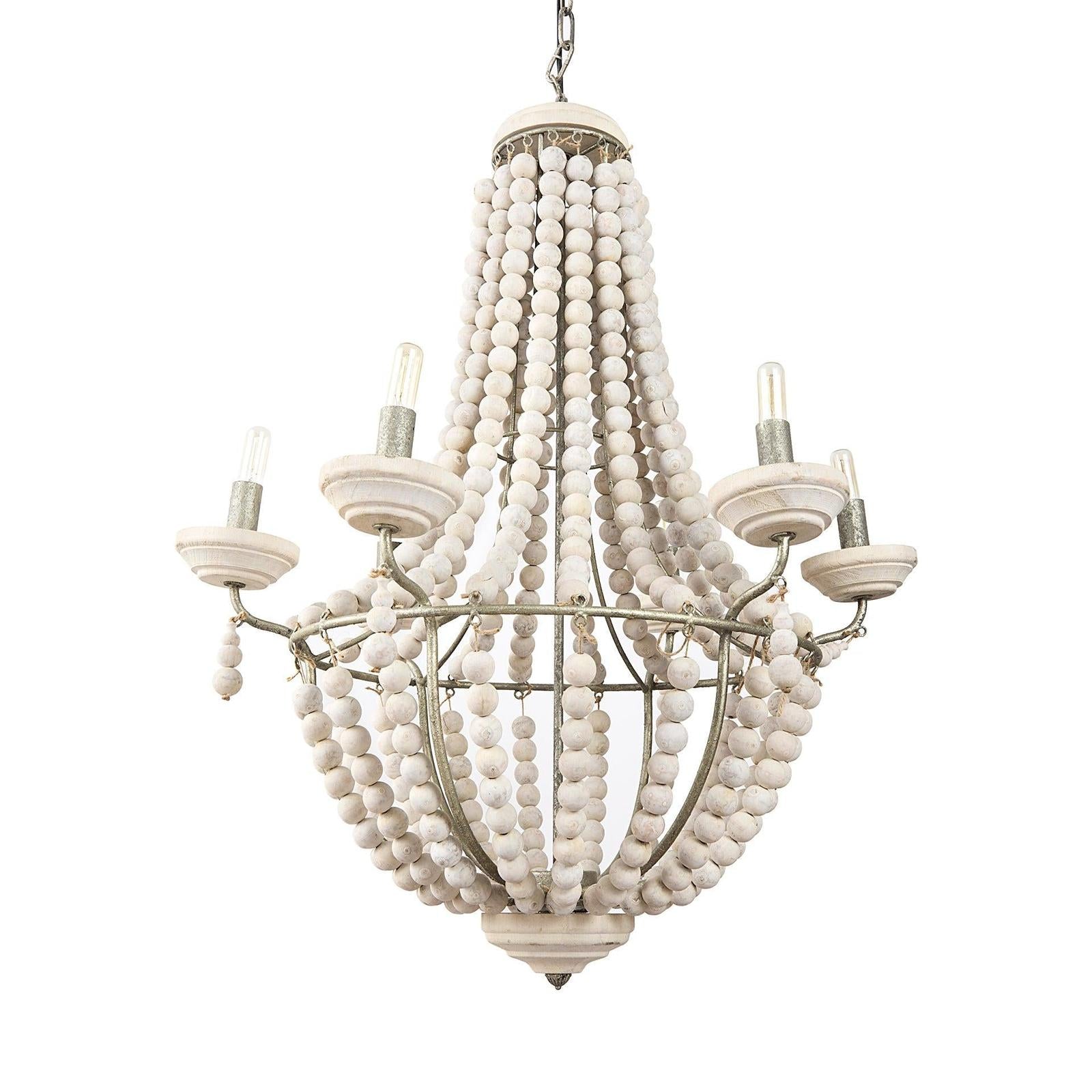 Mercana Phillum Silver Metal Chassis and White Wood Beaded Six Bulb Chandelier Clearance