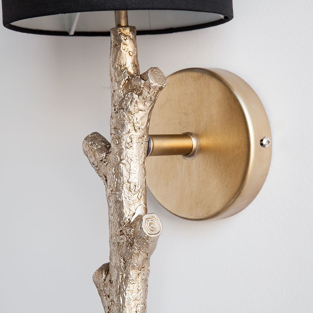 Mercana Sabinal II Gold Resin Tree Branch Black Fabric Shade Wall Sconce