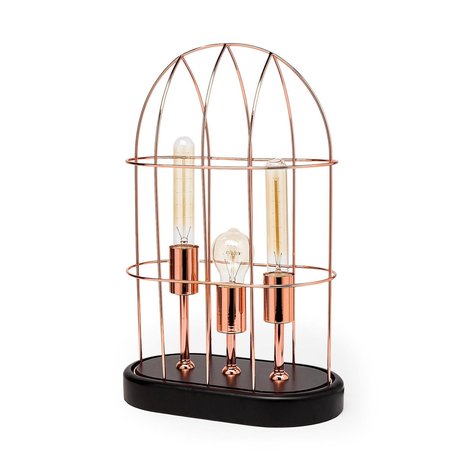 Mercana Sutton Rose-Gold Metal Cylindrical Cage Three Bulb Table Lamp Clearance