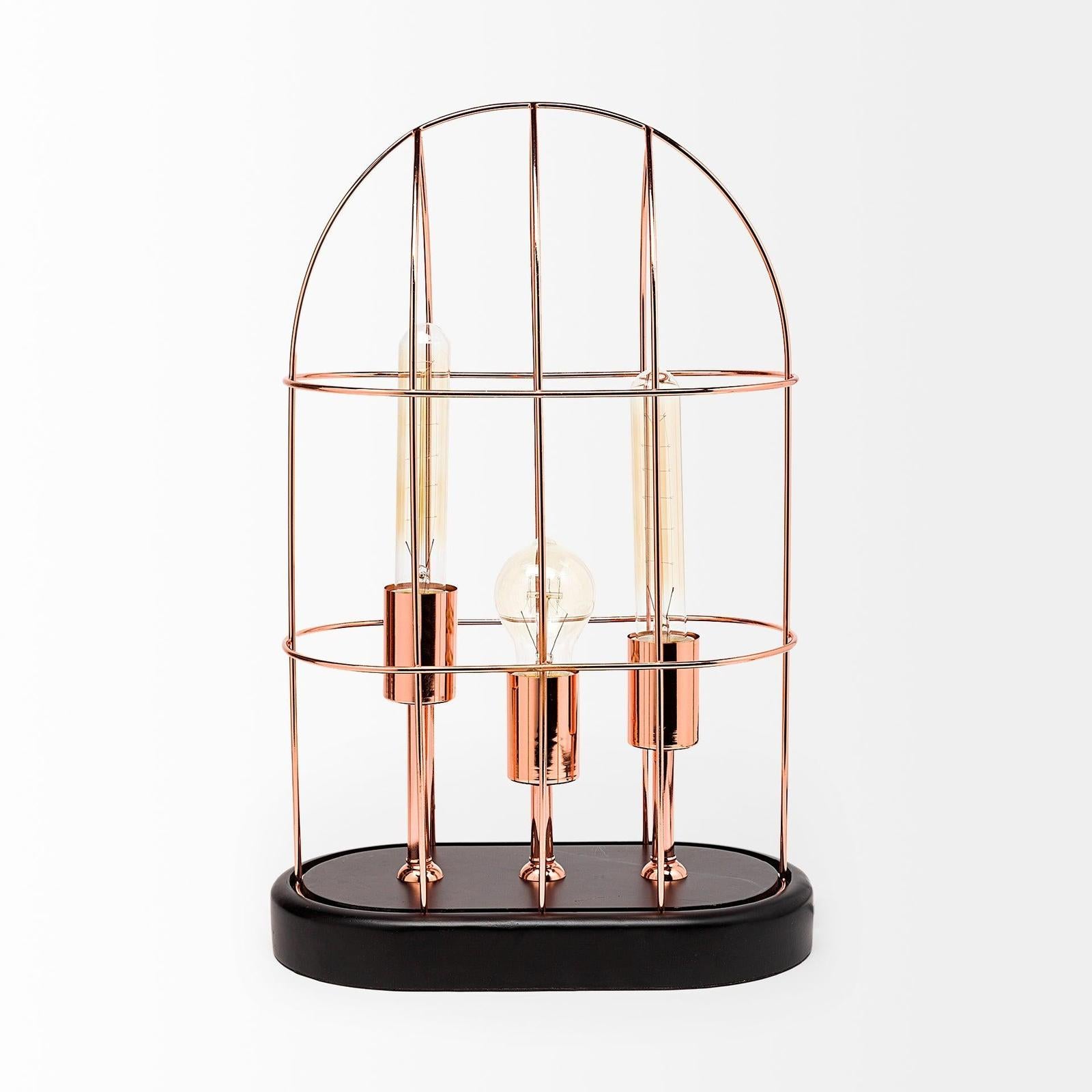 Mercana Sutton Rose-Gold Metal Cylindrical Cage Three Bulb Table Lamp Clearance