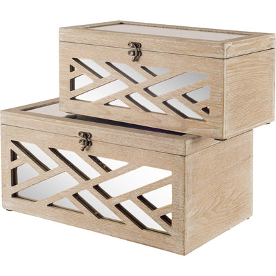 Mercana Tiffany Off-White Wooden W/ Mirror Inlay Chevron Boxes -Set of 2 Clearance