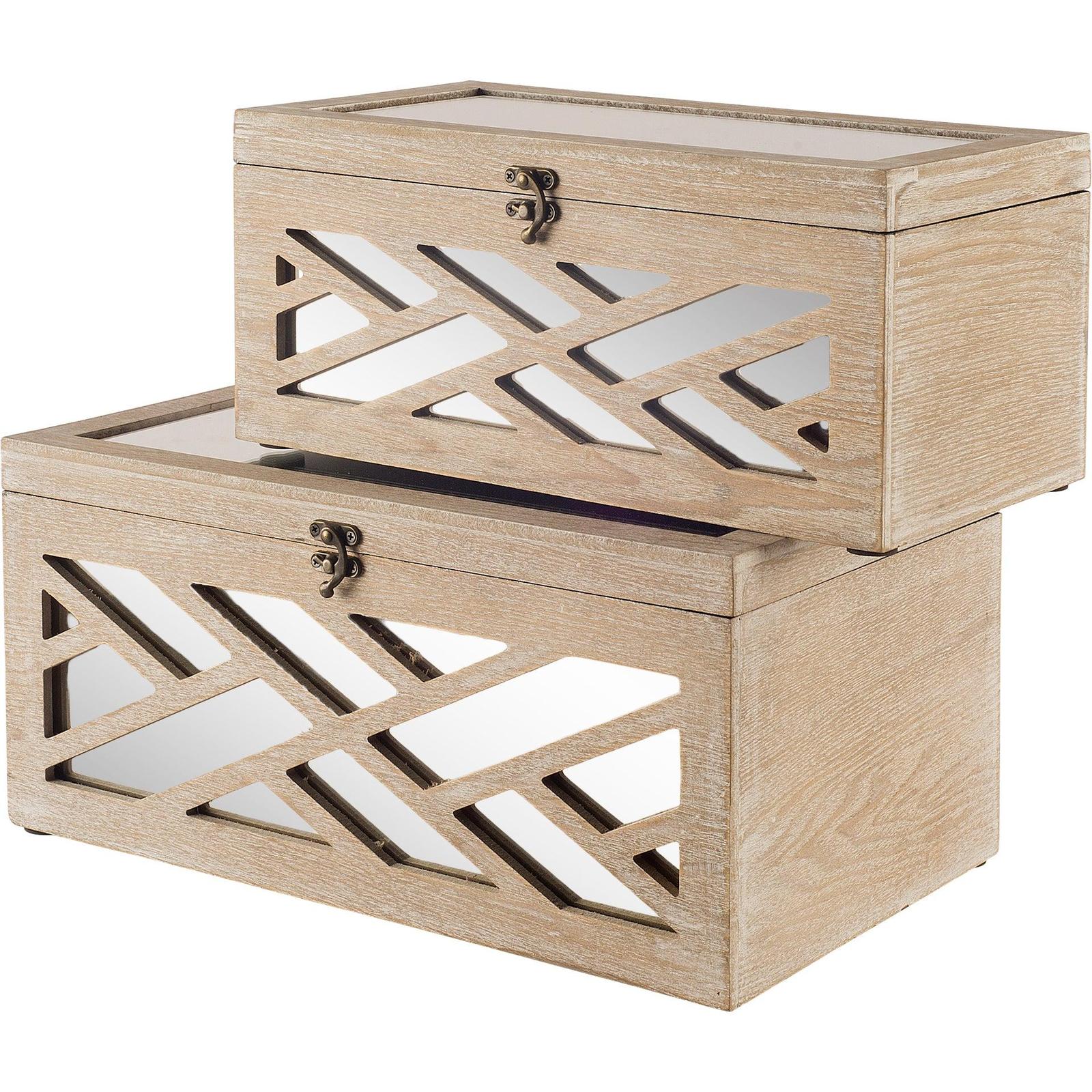 Mercana Tiffany Off-White Wooden W/ Mirror Inlay Chevron Boxes -Set of 2 Clearance