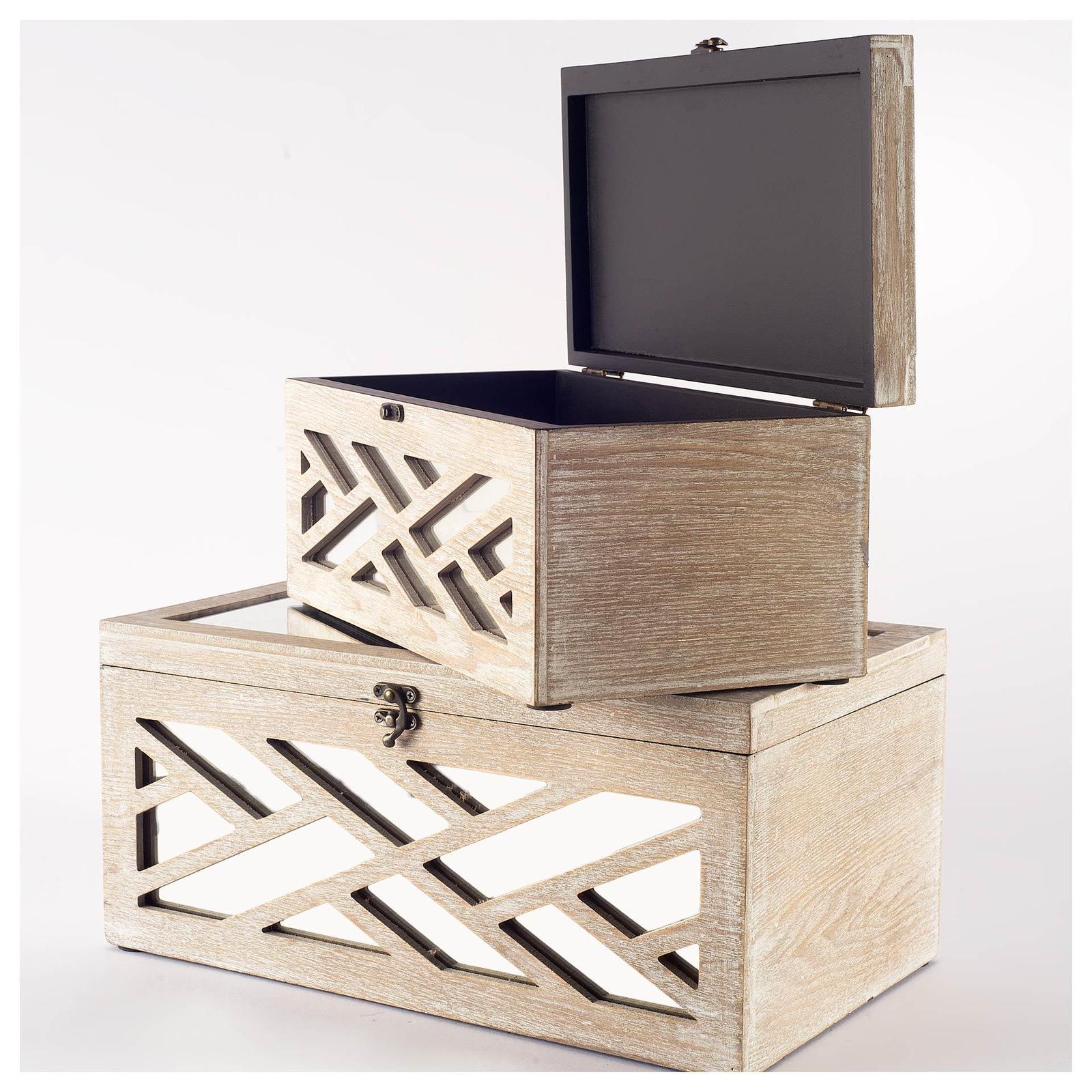 Mercana Tiffany Off-White Wooden W/ Mirror Inlay Chevron Boxes -Set of 2 Clearance