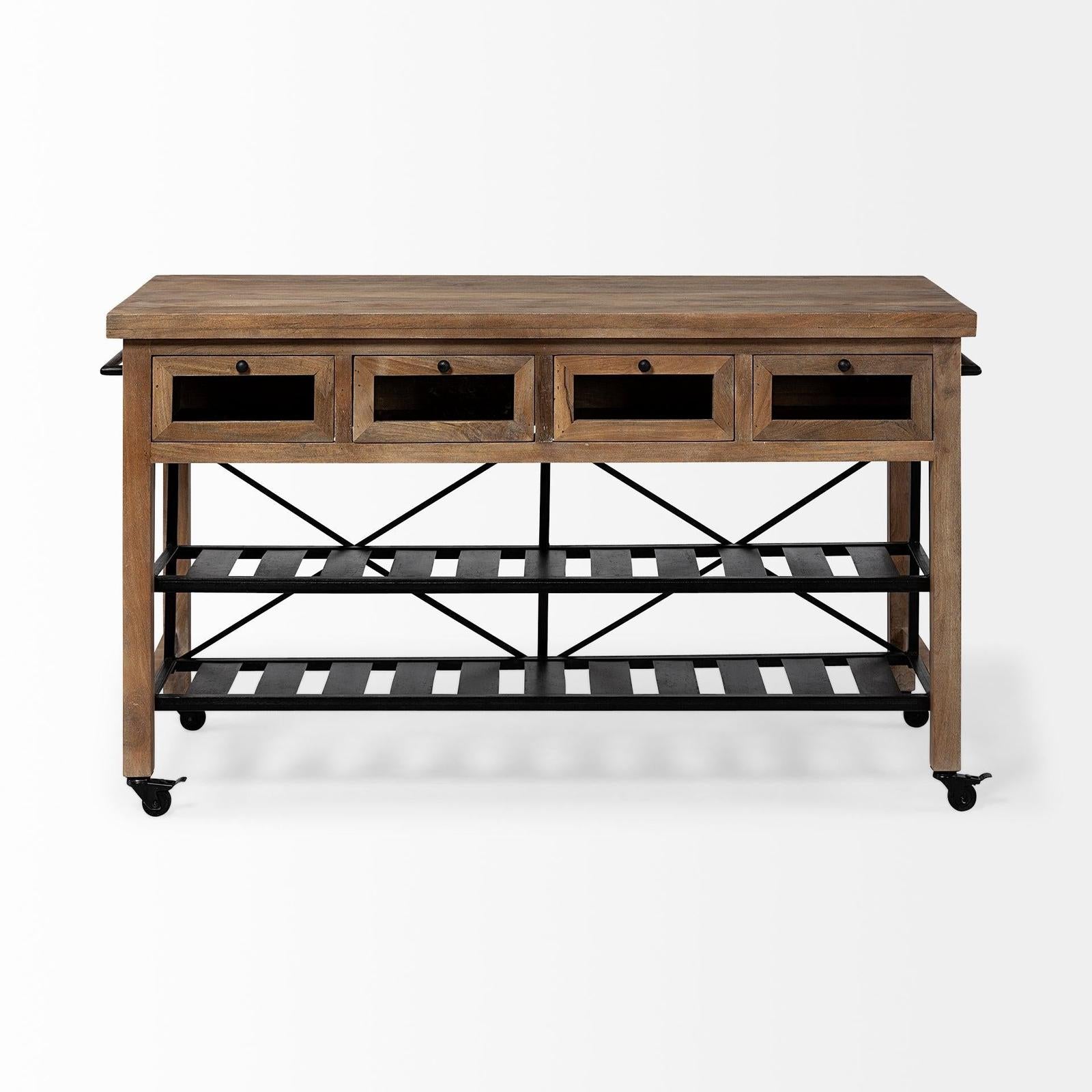 Mercana Stuart I Brown Solid Wood Top Two-Tier Black Metal Rolling Kitchen Island
