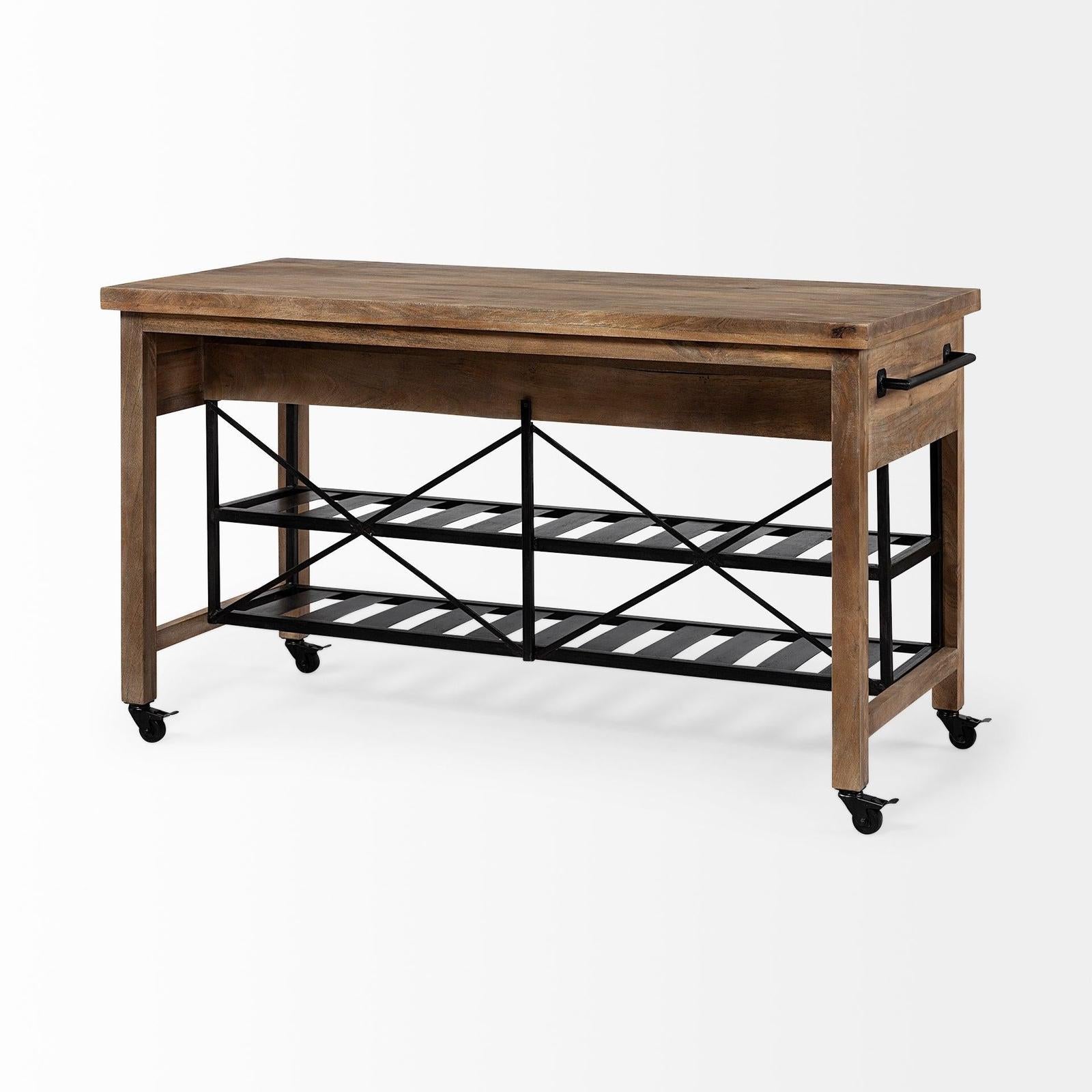 Mercana Stuart I Brown Solid Wood Top Two-Tier Black Metal Rolling Kitchen Island