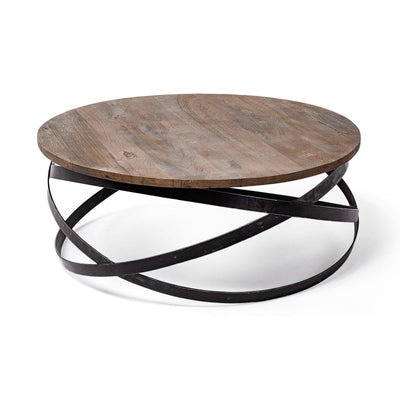 Mercana Triumph 40" Round Brown Solid Wood Top Black Metal Base Coffee Table Clearance