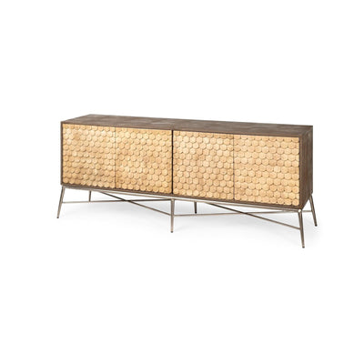 Mercana Swordfish Two-Tone Brown Wood Cabinet Silver Metal Base 4 Cabinet Door Sideboard Clearance
