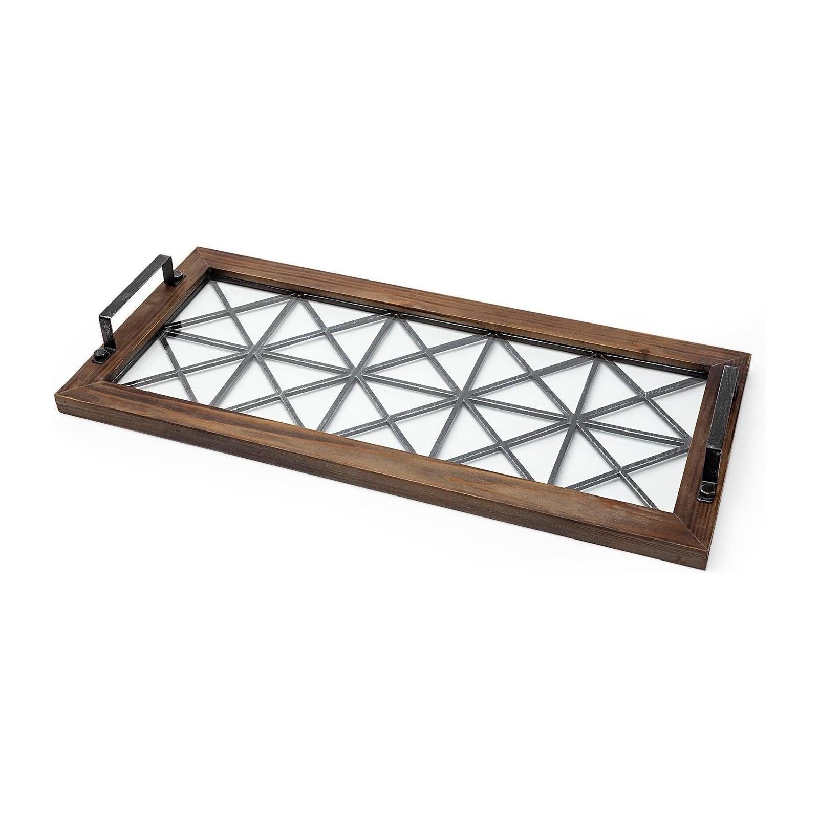 Mercana Ellingson Black Rectangular Metal Glass Wood Bottom Tray Clearance