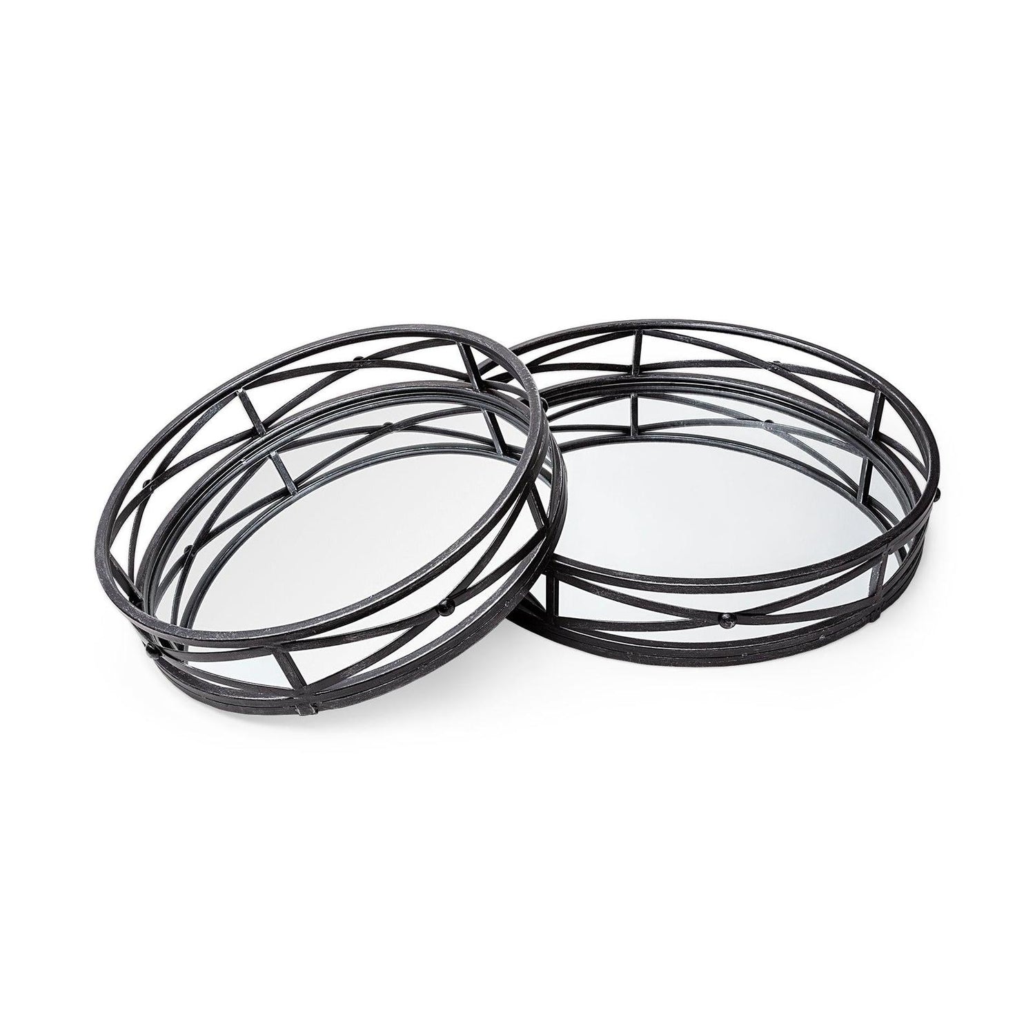 Mercana Piers Black Metal Mirrored Round Trays- Set of 2 Clearance