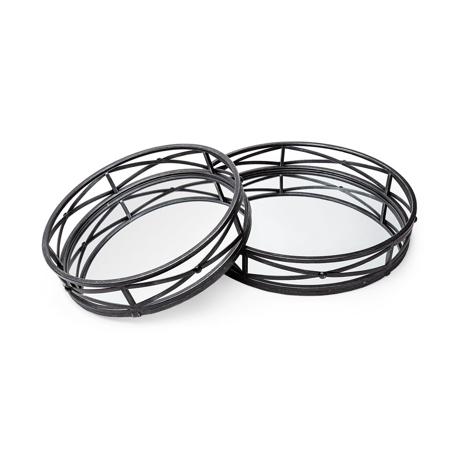 Mercana Piers Black Metal Mirrored Round Trays- Set of 2 Clearance