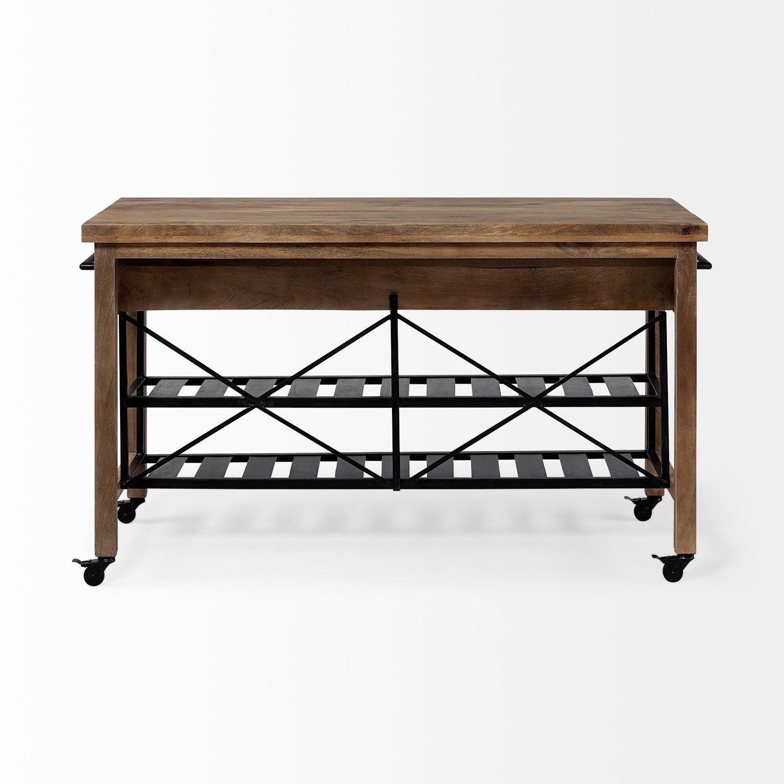 Mercana Stuart I Brown Solid Wood Top Two-Tier Black Metal Rolling Kitchen Island