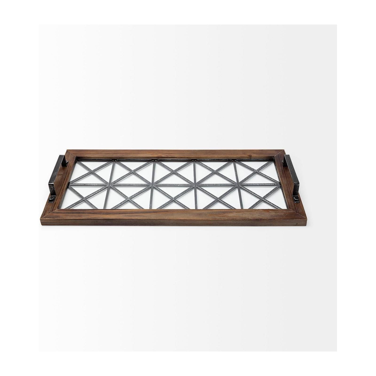 Mercana Ellingson Black Rectangular Metal Glass Wood Bottom Tray Clearance