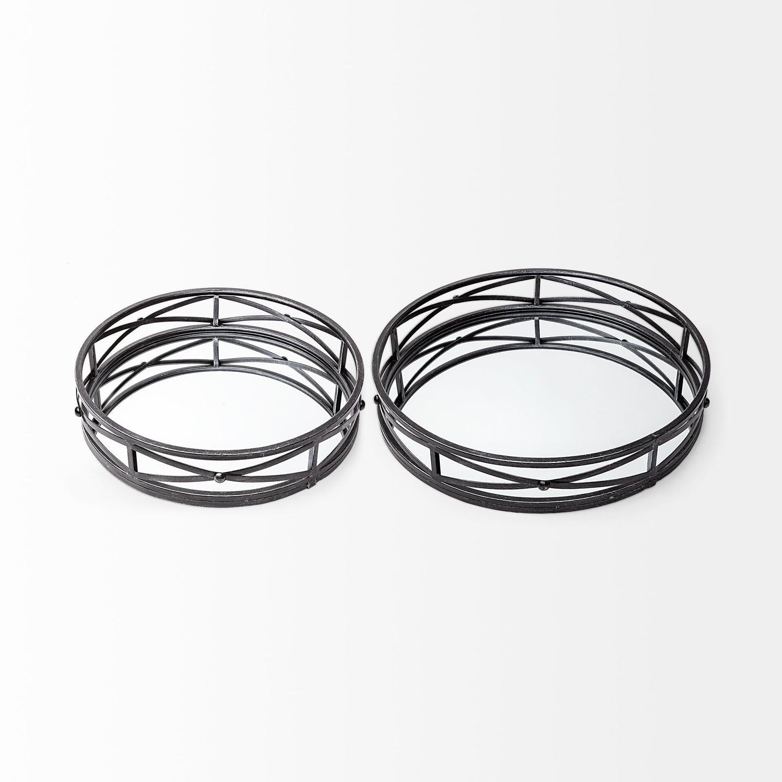 Mercana Piers Black Metal Mirrored Round Trays- Set of 2 Clearance