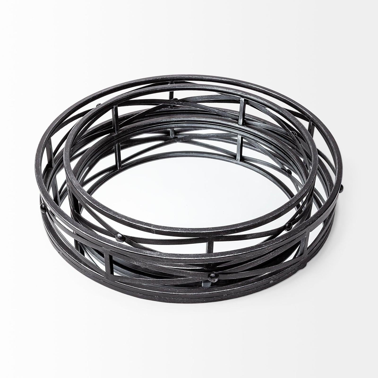 Mercana Piers Black Metal Mirrored Round Trays- Set of 2 Clearance
