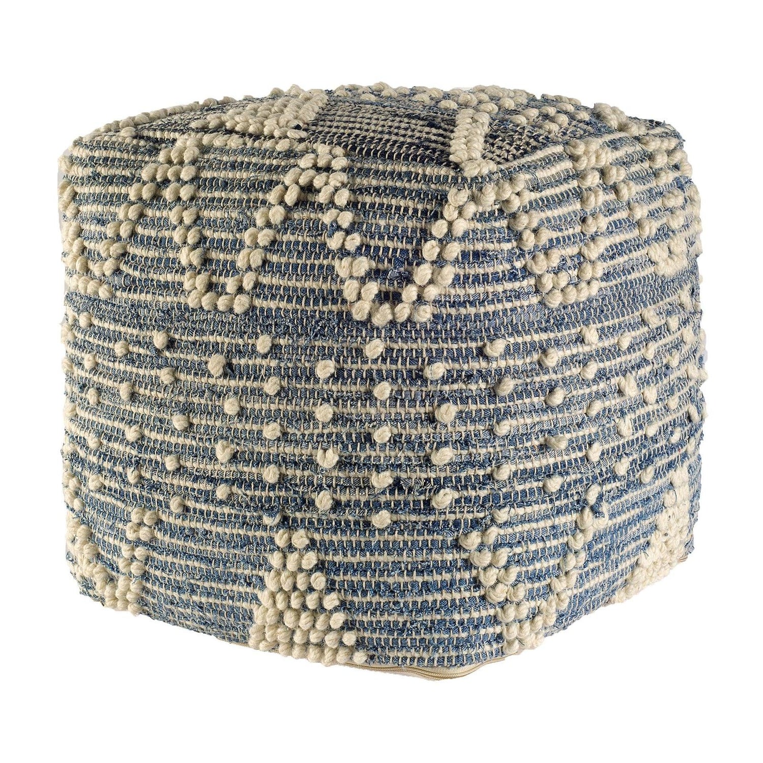 Mercana Rofi Blue Denim and Cream Cotton Stitched Square Pouf