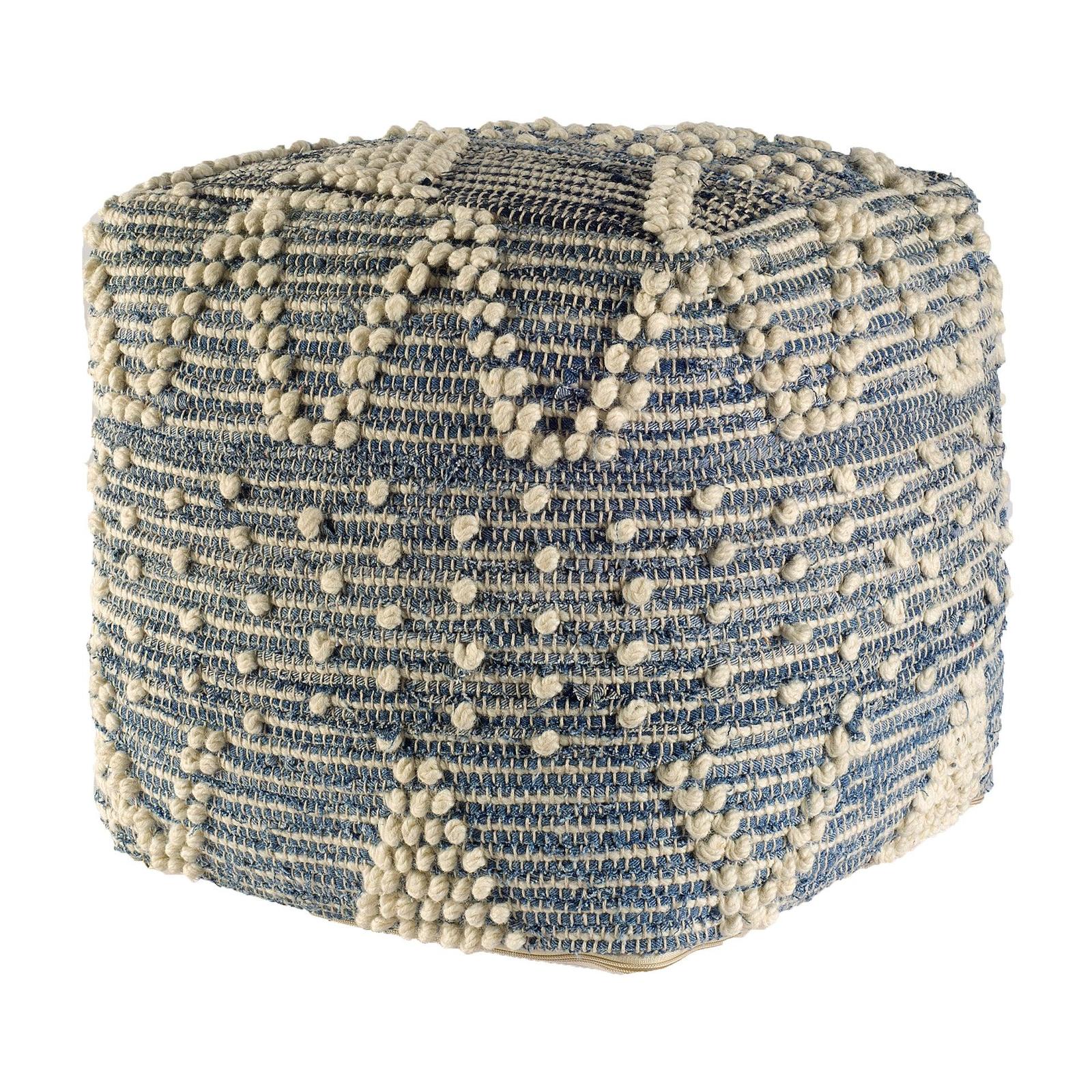 Mercana Rofi Blue Denim and Cream Cotton Stitched Square Pouf