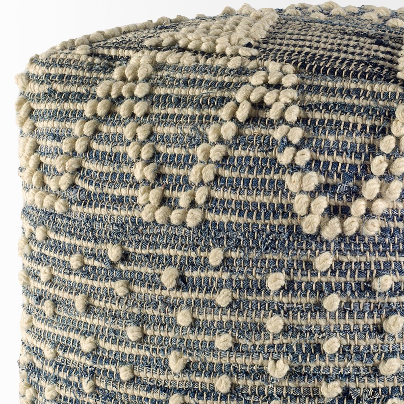Mercana Rofi Blue Denim and Cream Cotton Stitched Square Pouf