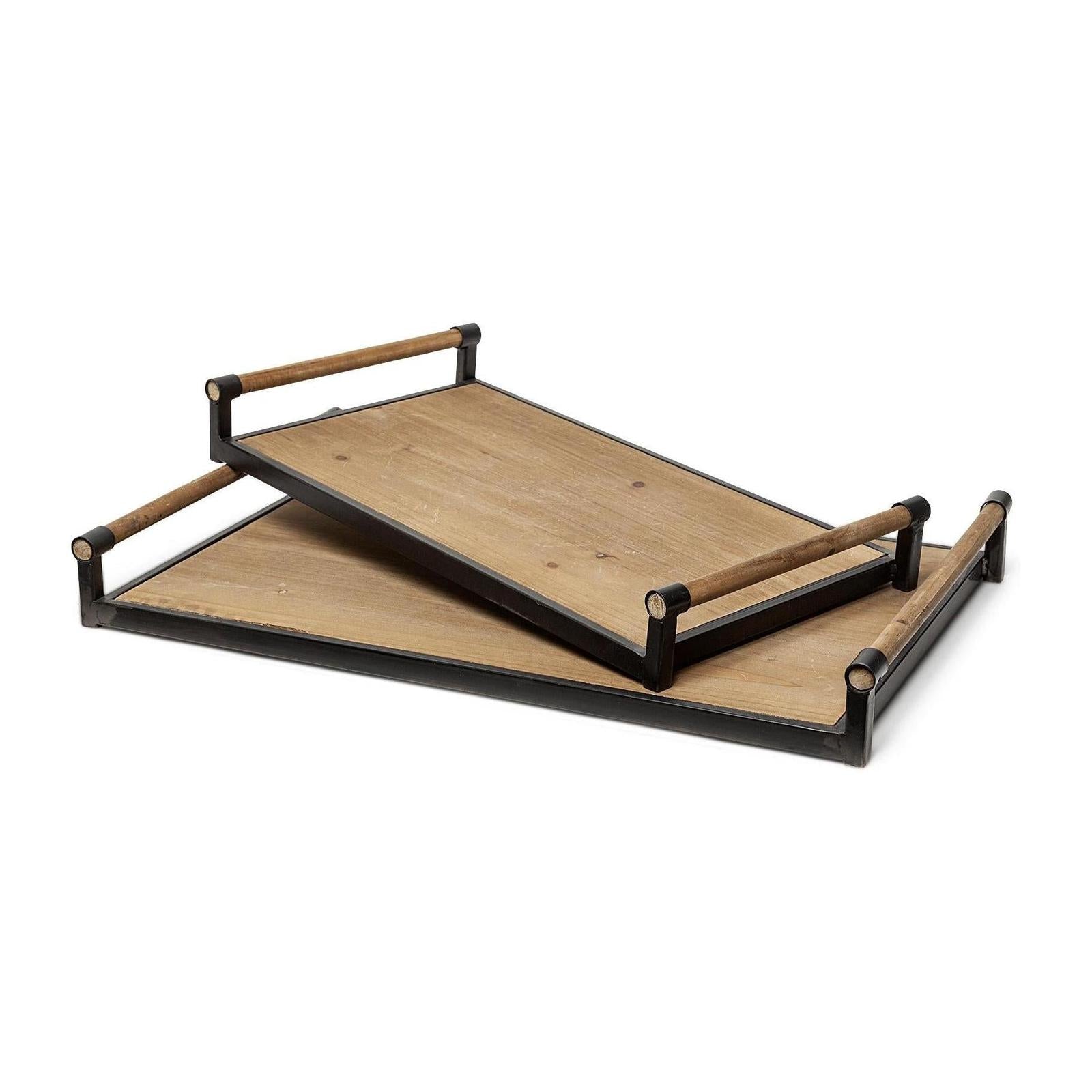 Mercana Benson Brown Wood Black Metal Trays- Set of 2