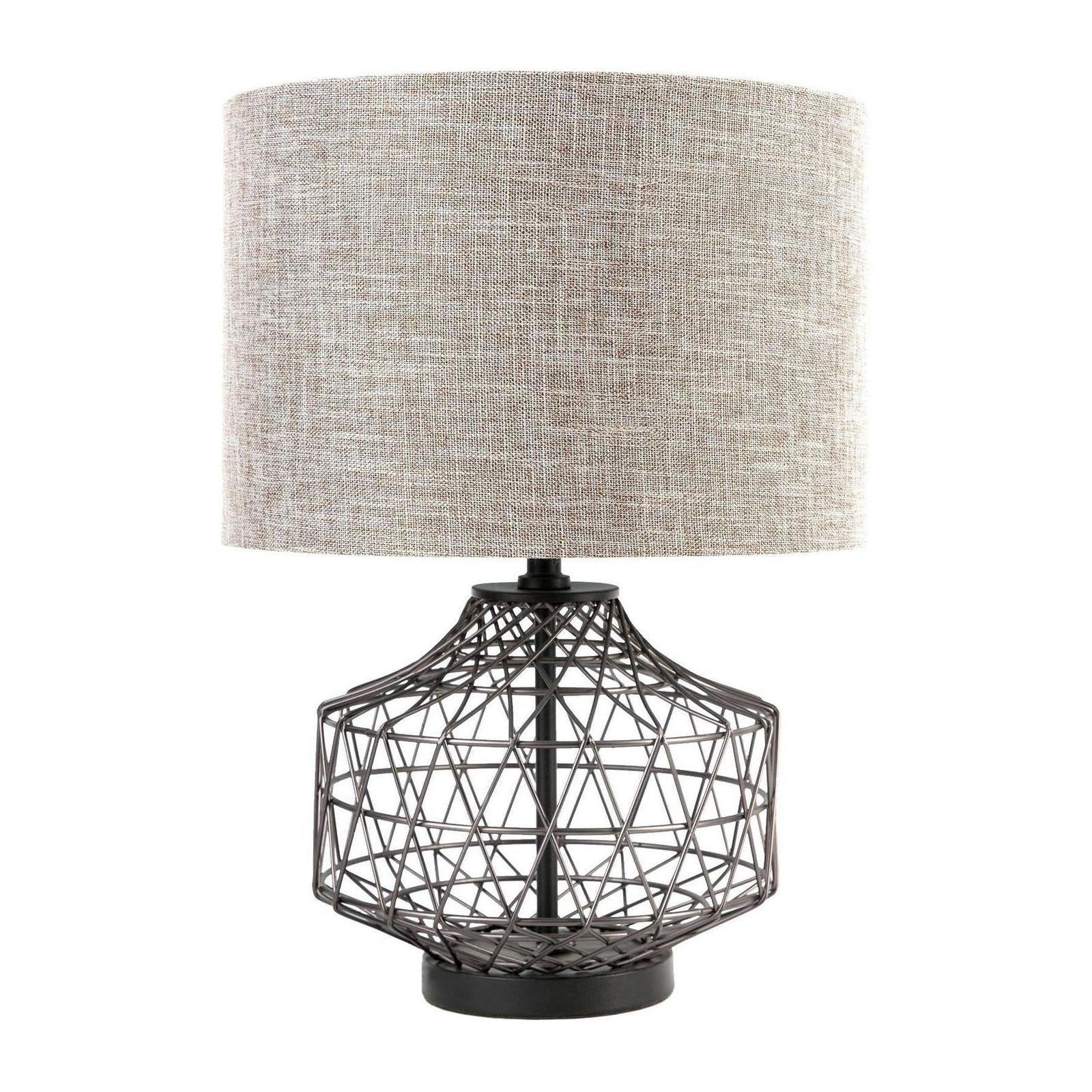 Mercana Clark Bronze Barrel Metal Base Beige Linen Shade Table Lamp Clearance