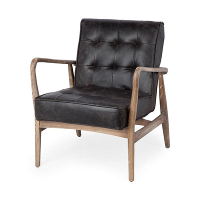 Mercana Phineas Black Leather W/ Brown Wooden Frame Accent Chair