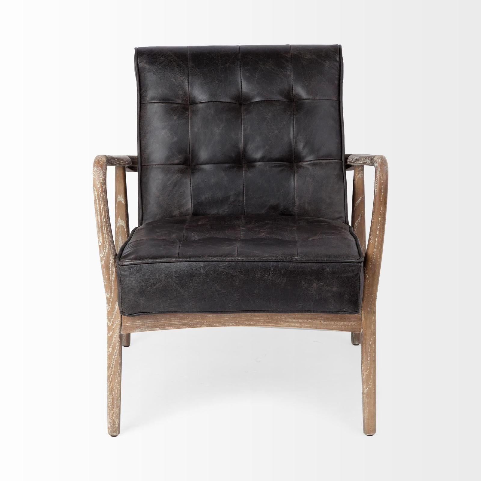 Mercana Phineas Black Leather W/ Brown Wooden Frame Accent Chair