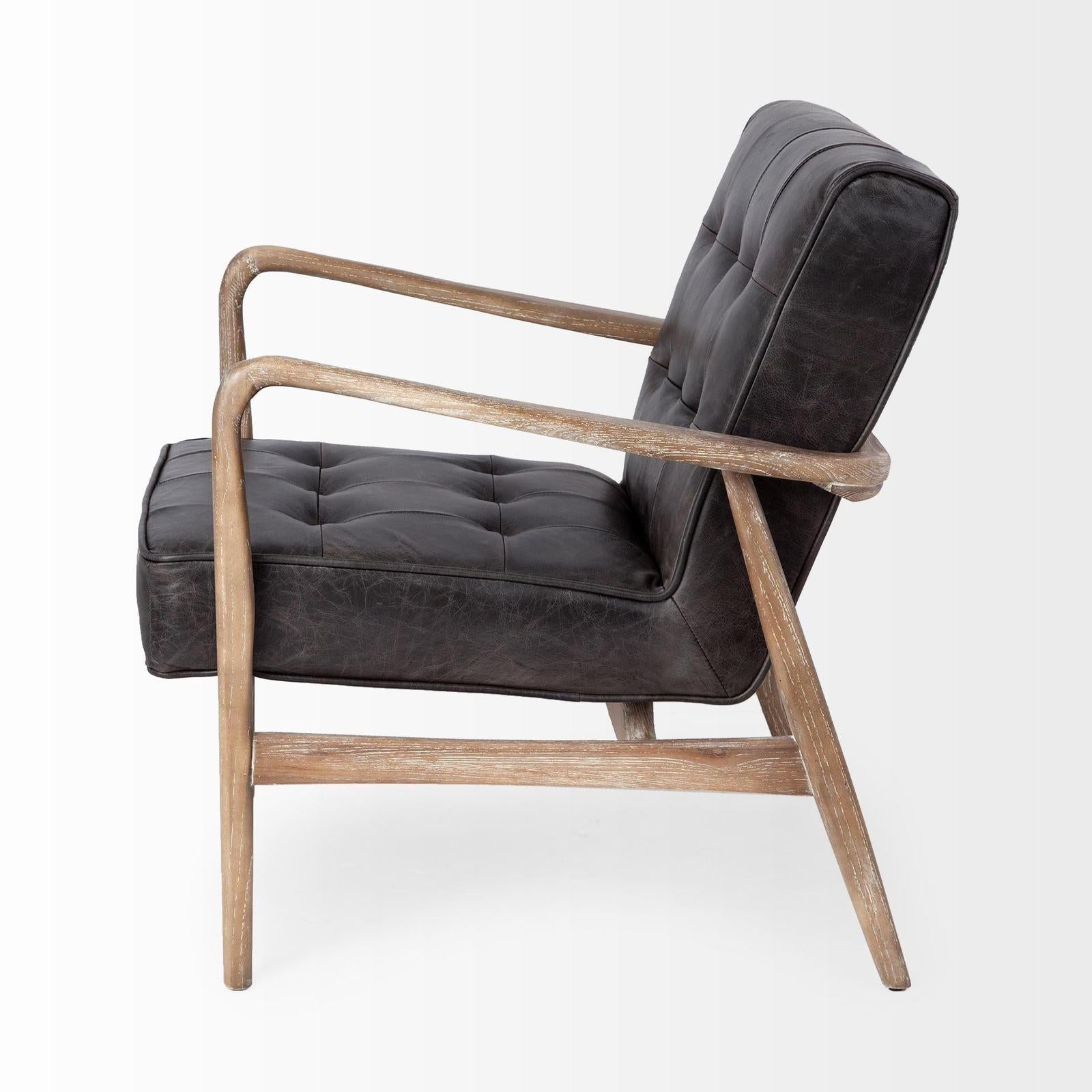 Mercana Phineas Black Leather W/ Brown Wooden Frame Accent Chair