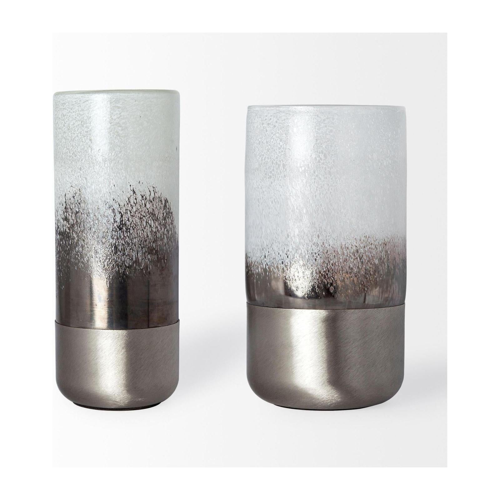 Mercana Baltic White Brushed Silver Metal Bottom Glass Vase