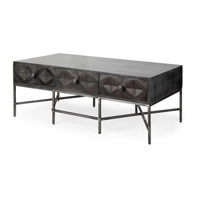 Mercana Hogarth Rectangular Brown Solid Wood Top Iron Metal Base w/6 Drawers Coffee Table Clearance