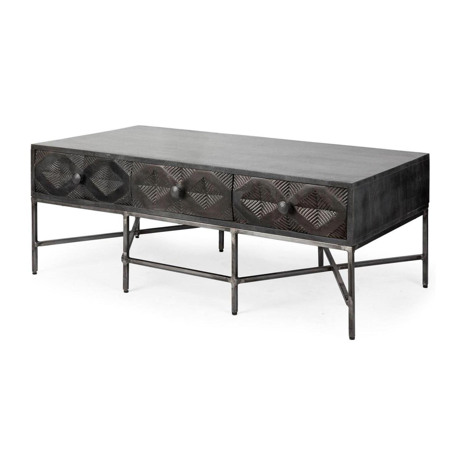 Mercana Hogarth Rectangular Brown Solid Wood Top Iron Metal Base w/6 Drawers Coffee Table Clearance