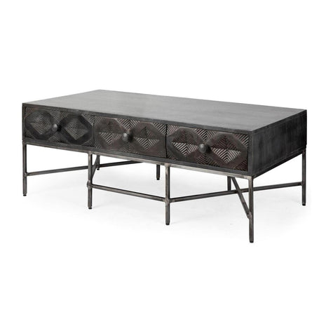 Mercana Hogarth Rectangular Brown Solid Wood Top Iron Metal Base w/6 Drawers Coffee Table Clearance