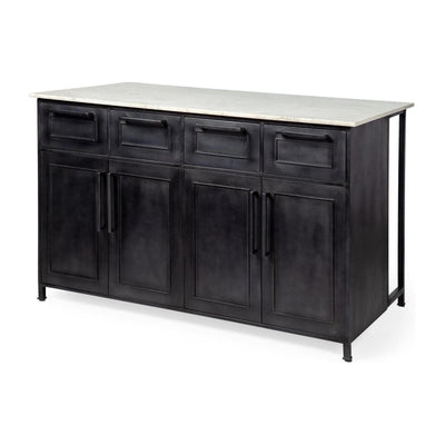 Mercana Fieri Solid Iron Black Body White Marble Top Four Drawer Kitchen Island