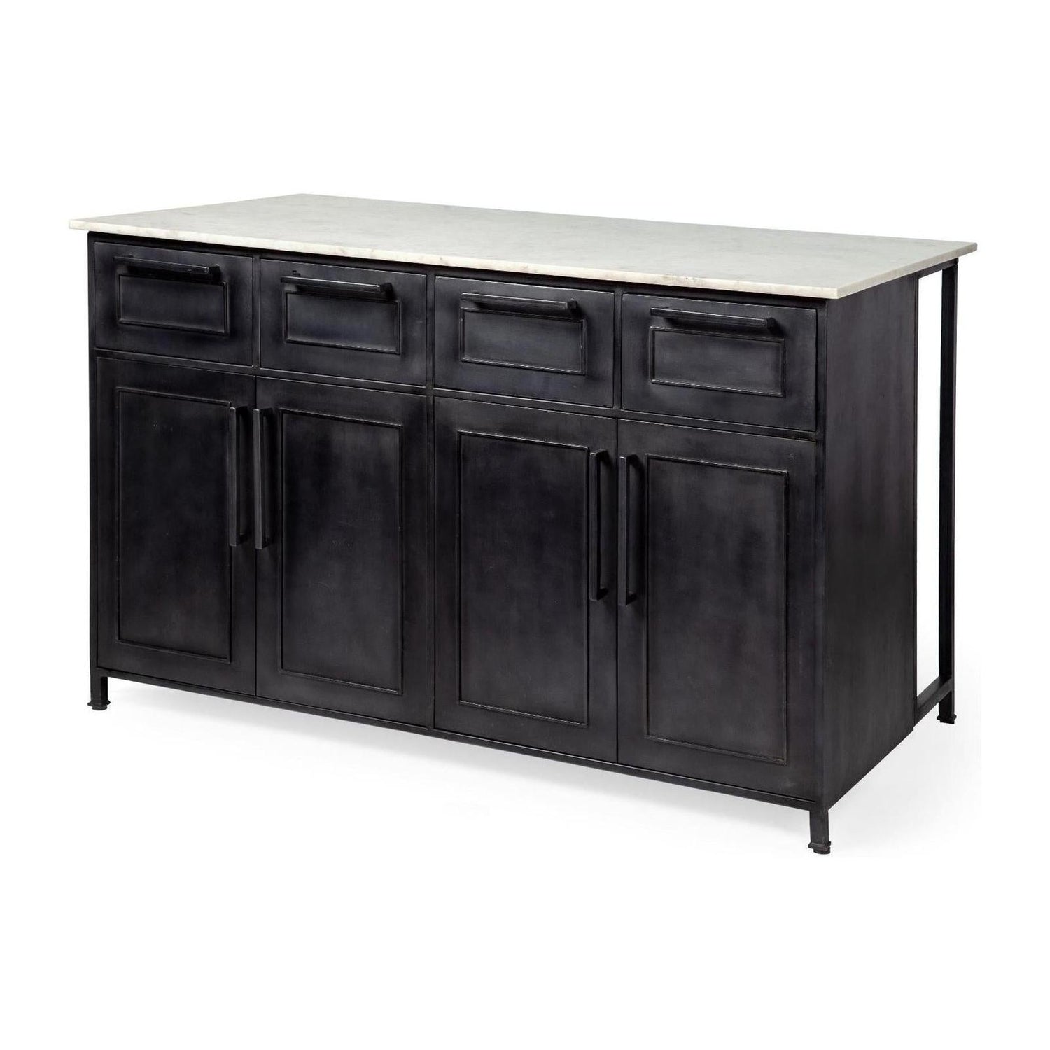 Mercana Fieri Solid Iron Black Body White Marble Top Four Drawer Kitchen Island