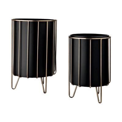 Mercana Pianta Black Metal Insert Brass Frame Plant Stands - Set of 2
