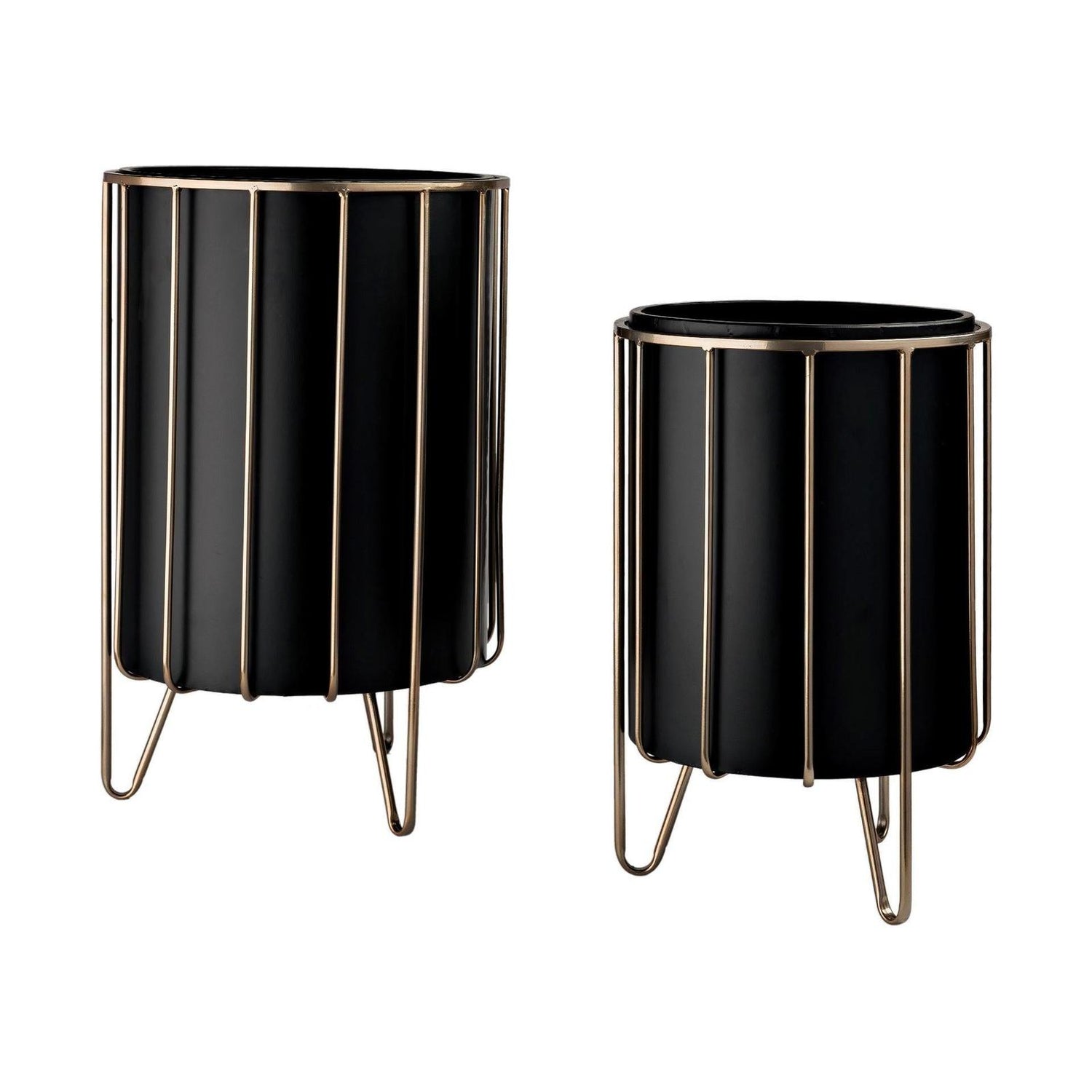 Mercana Pianta Black Metal Insert Brass Frame Plant Stands - Set of 2