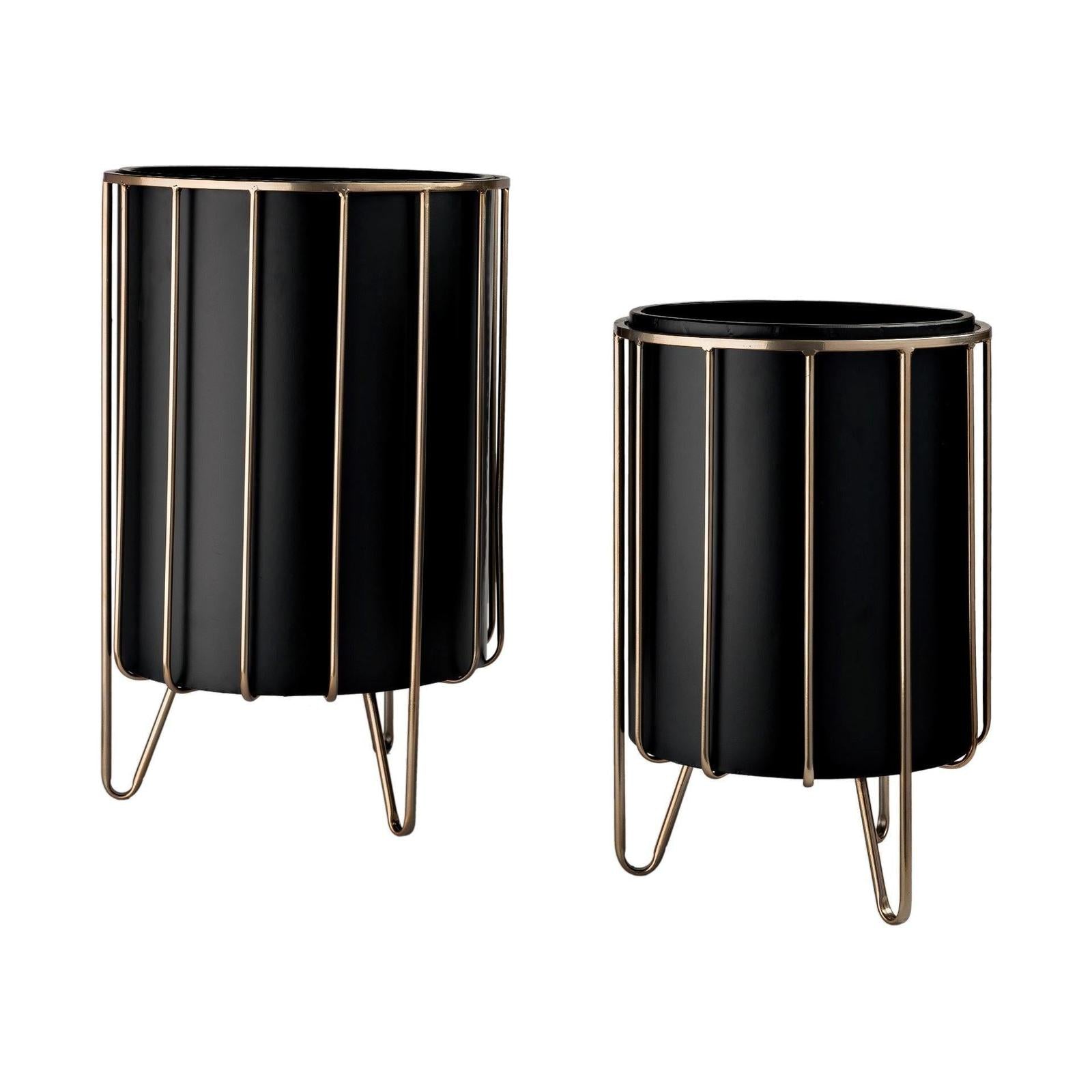 Mercana Pianta Black Metal Insert Brass Frame Plant Stands - Set of 2
