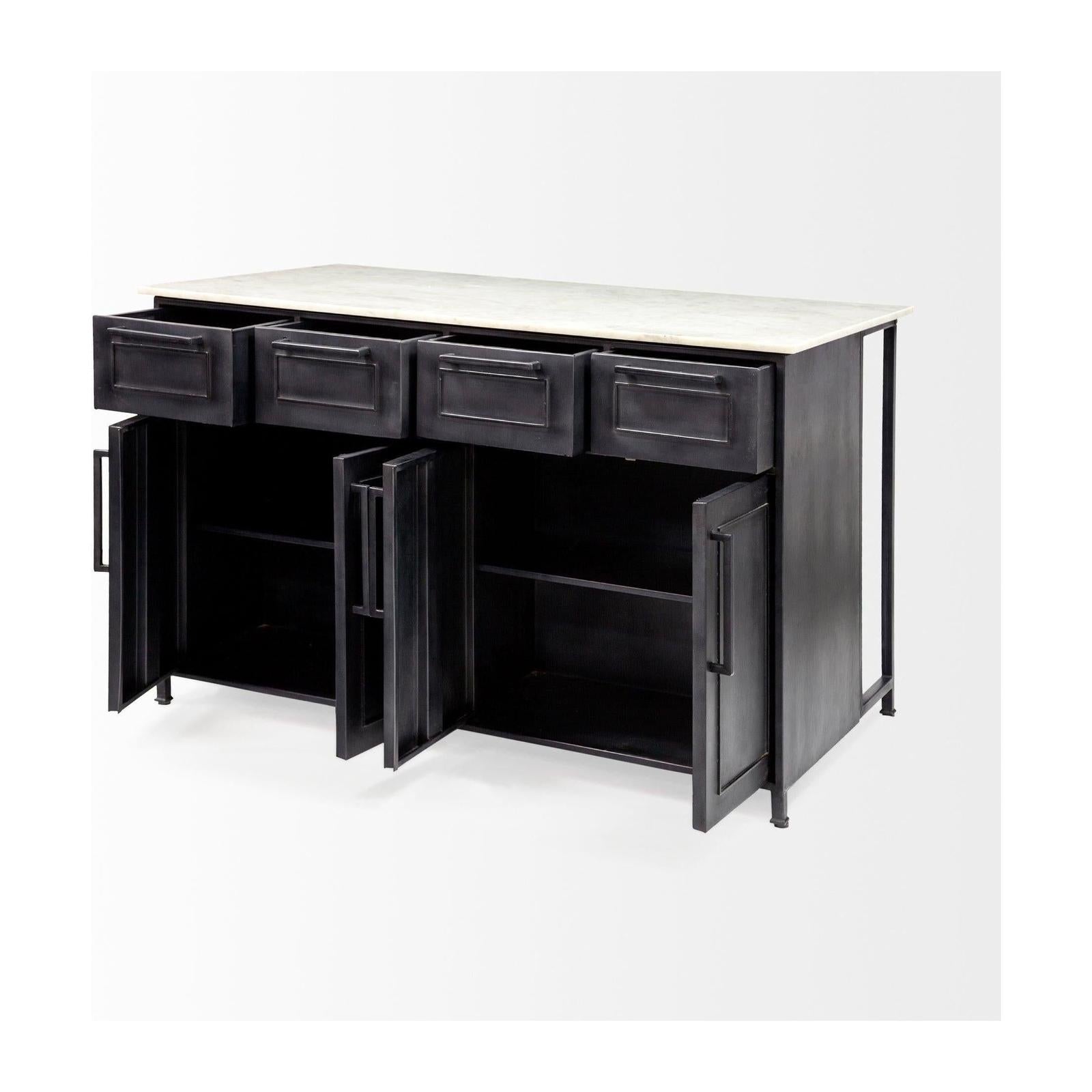 Mercana Fieri Solid Iron Black Body White Marble Top Four Drawer Kitchen Island