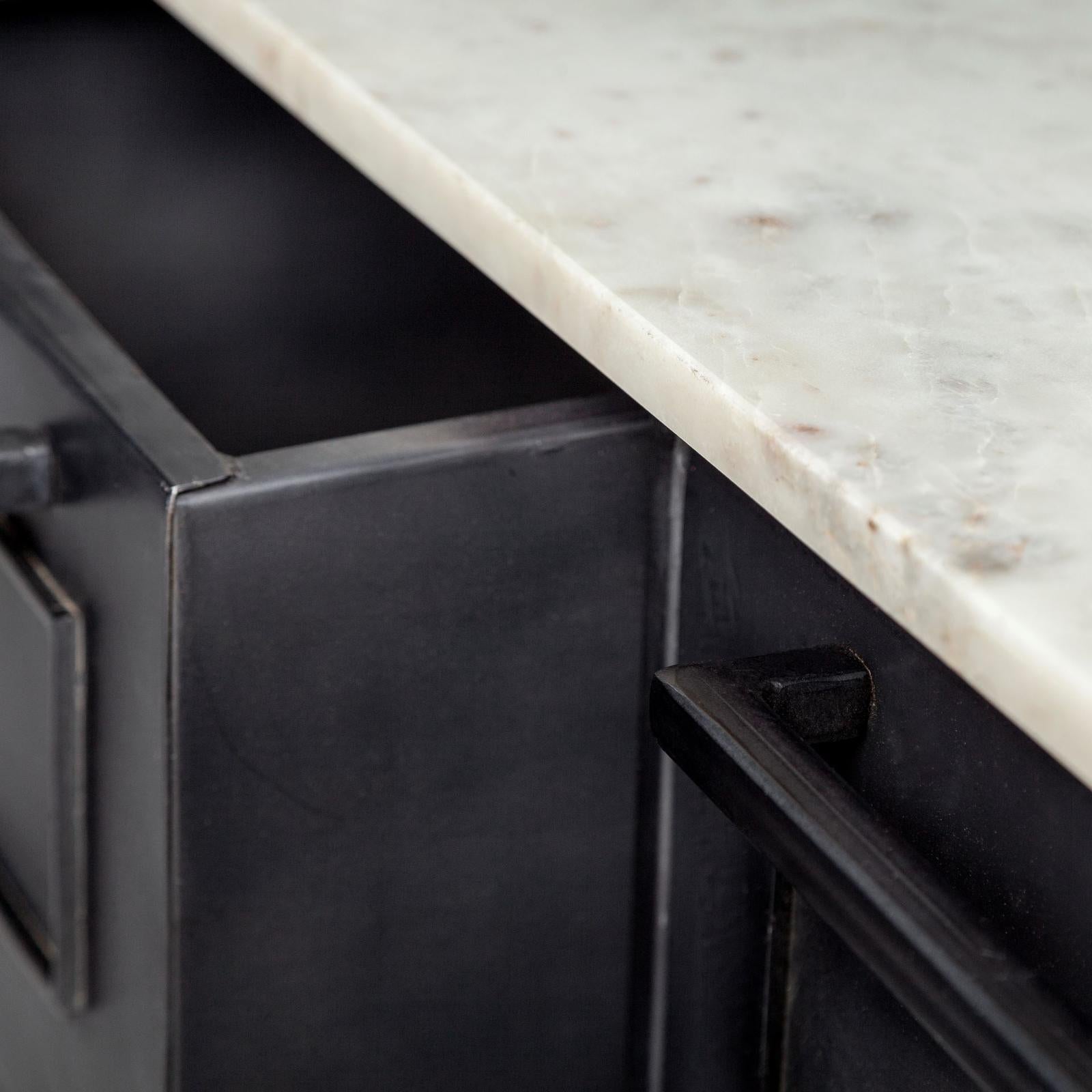 Mercana Fieri Solid Iron Black Body White Marble Top Four Drawer Kitchen Island