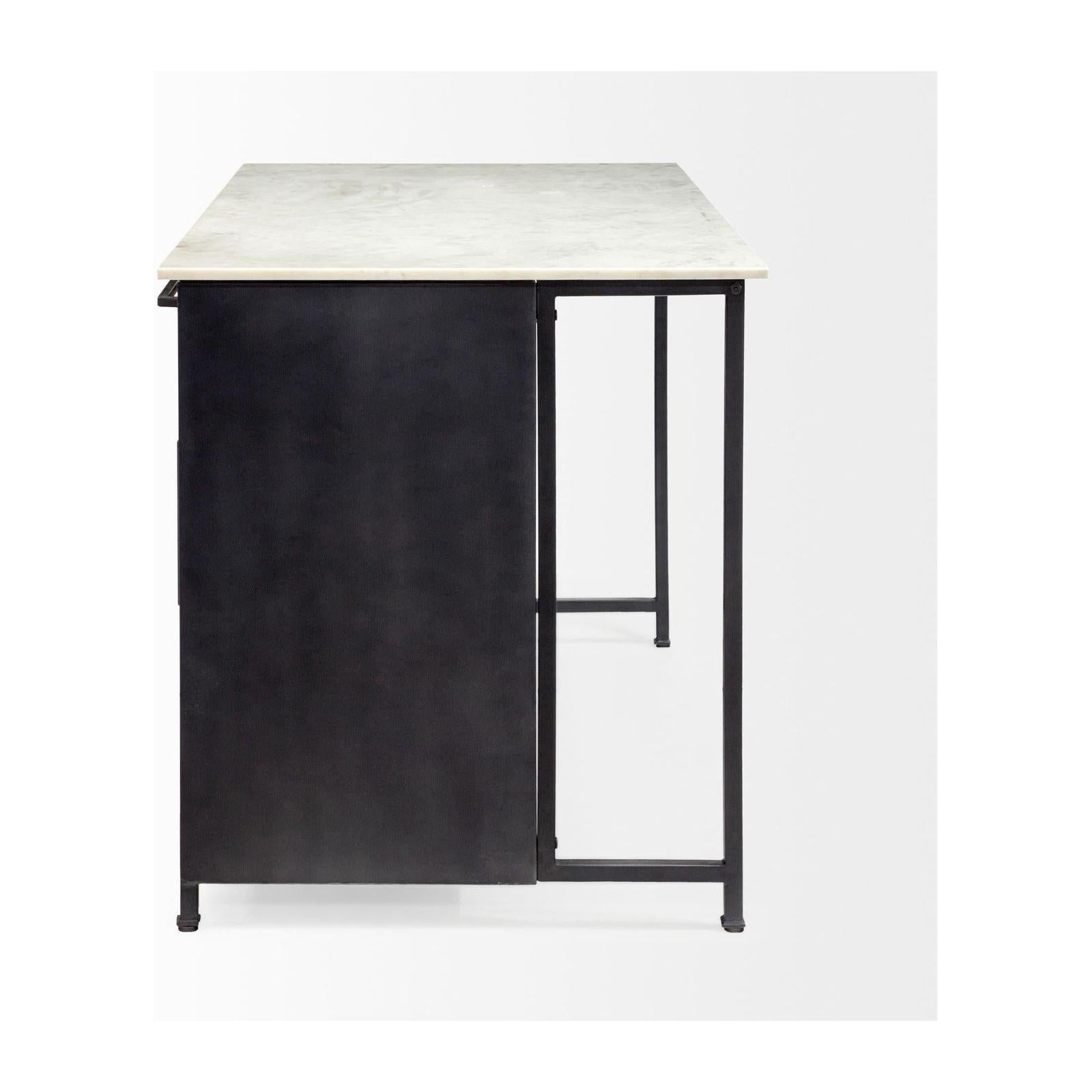 Mercana Fieri Solid Iron Black Body White Marble Top Four Drawer Kitchen Island