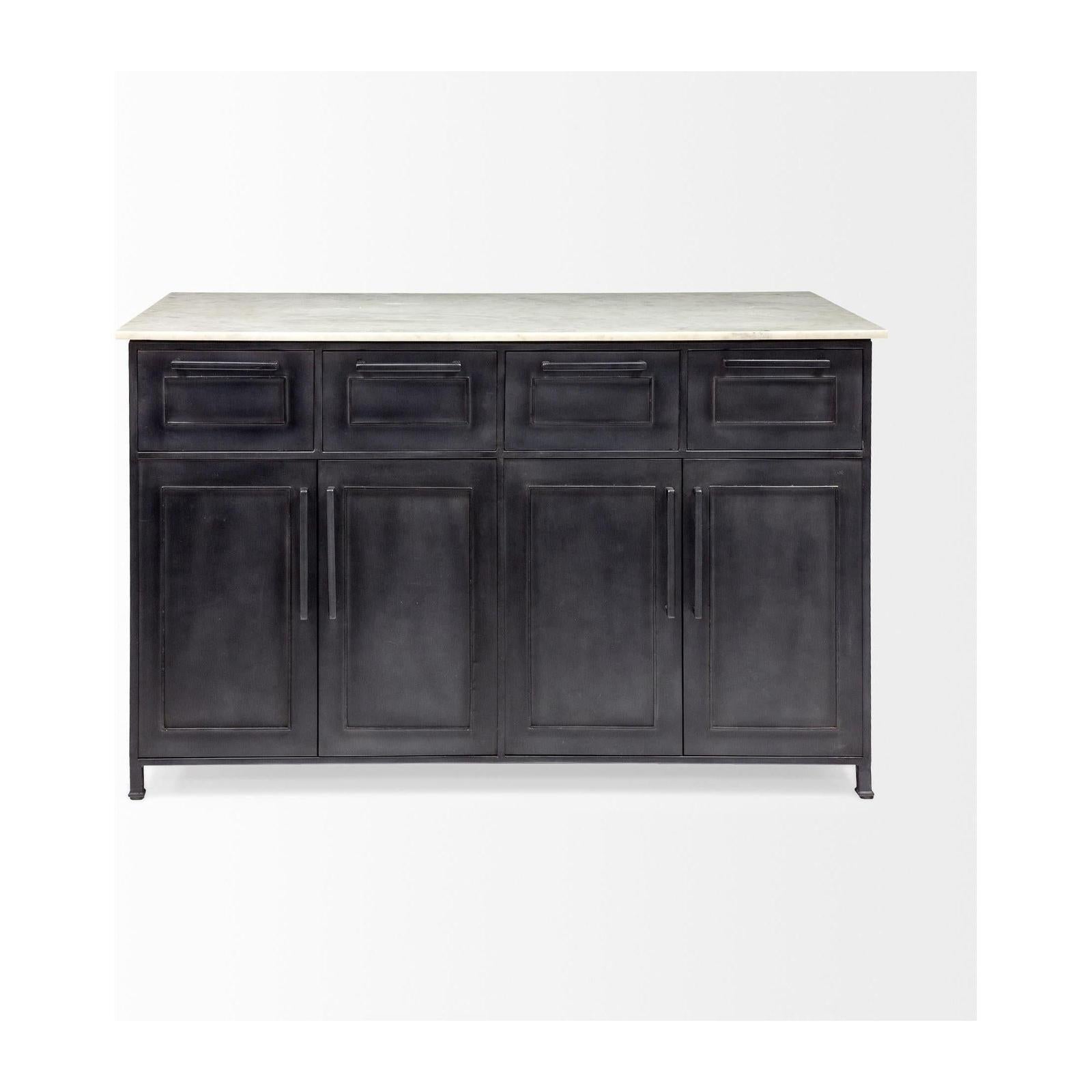 Mercana Fieri Solid Iron Black Body White Marble Top Four Drawer Kitchen Island