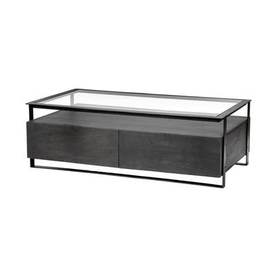 Mercana Vidro Rectangular Glass Top Black Solid Wood Drawers & Black Frame Coffee Table Clearance