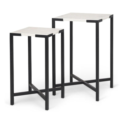 Mercana Lucas White Marble W/Black Iron Frame Accent Tables- Set of 2