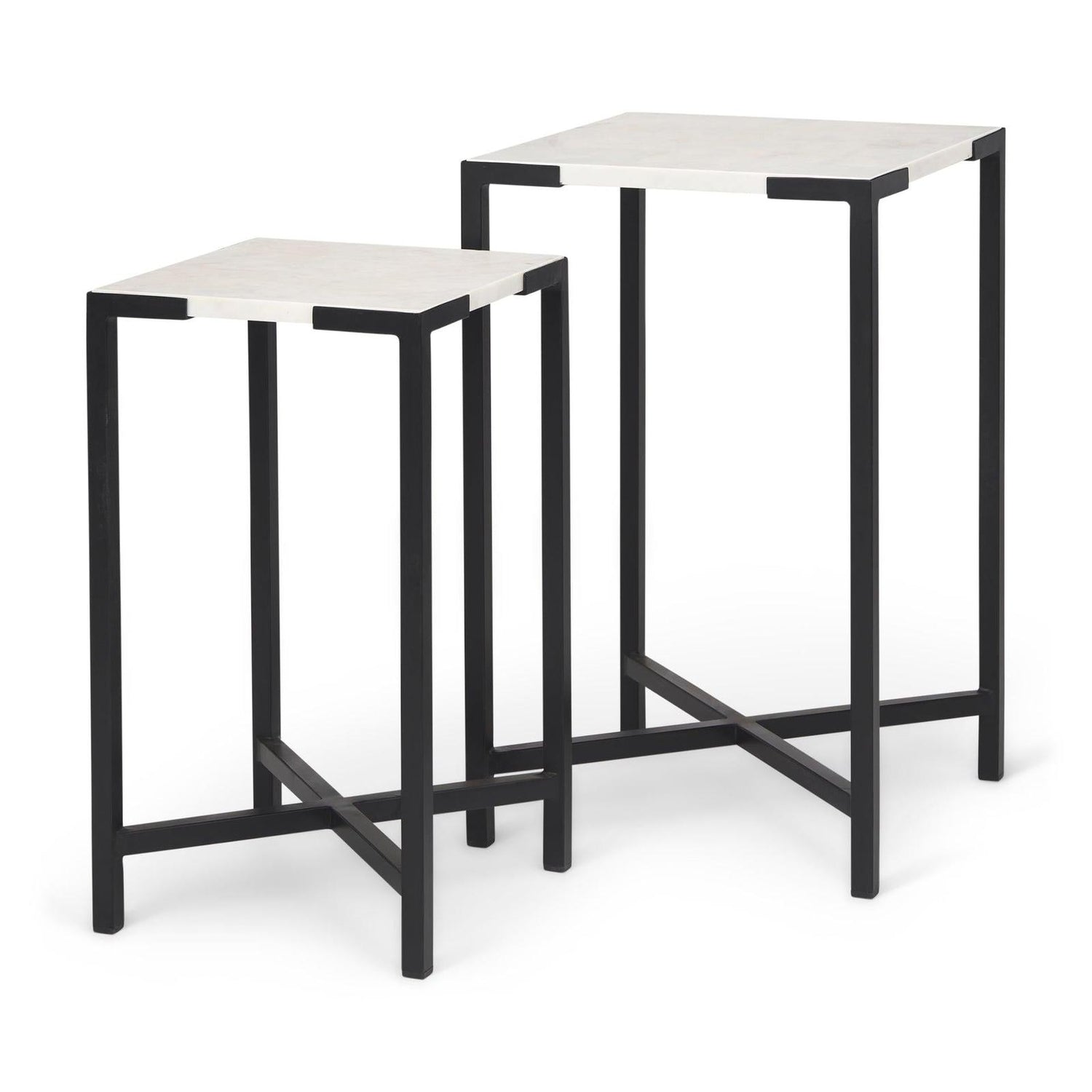 Mercana Lucas White Marble W/Black Iron Frame Accent Tables- Set of 2